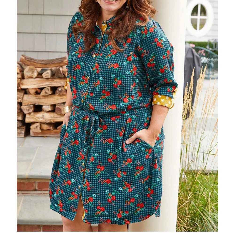 Matilda Jane Fa La La Green Blue Gingham Shirt Dress Belted Sz S‎
